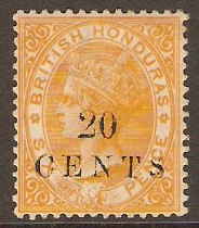 British Honduras 1888 20c on 6d Yellow. SG29.